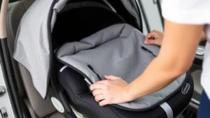 Close-up of a parent carefully installing a soft fabric car seat cover on an infant car seat, showing secure attachment points and proper fit.