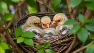 Nestled baby cardinal chicks huddled together in a woven nest among tree branches, covered in soft downy feathers with closed eyes, surrounded by green leaves