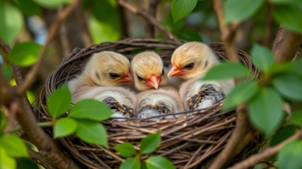 Nestled baby cardinal chicks huddled together in a woven nest among tree branches, covered in soft downy feathers with closed eyes, surrounded by green leaves