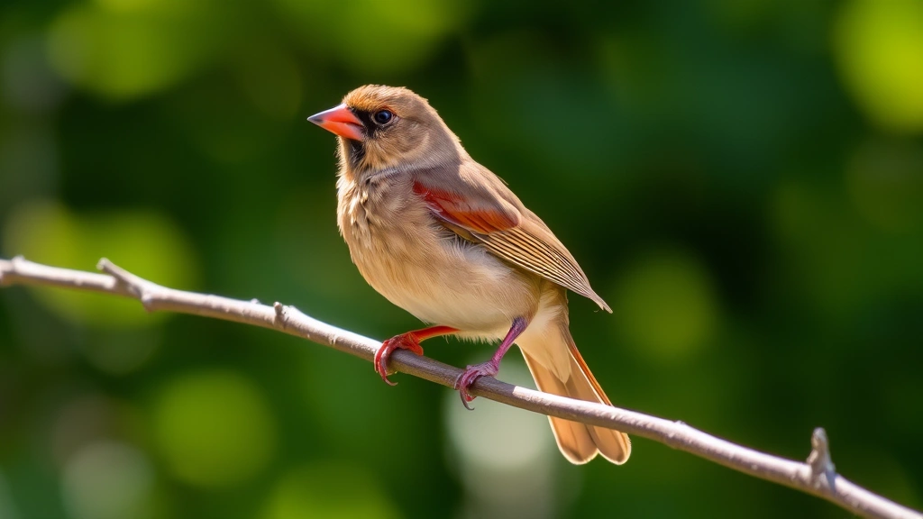 Fledgling brown cardinal perched on a thin branch in dappled sunlight, showing juvenile plumage with subtle reddish tinges on wings, alert posture, natural outdoor setting