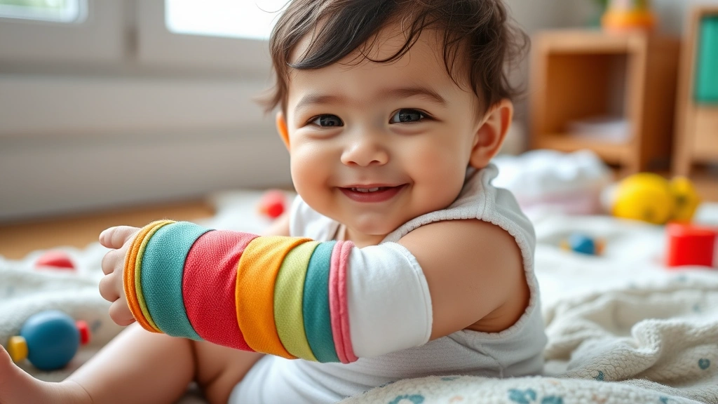 Close-up of a smiling infant wearing a colorful fiberglass cast on their arm, sitting on a soft blanket with toys nearby, natural lighting from a window
