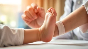 Close-up of a pediatric orthopedic specialist gently positioning a baby's small foot during examination, warm clinical lighting, soft focus background