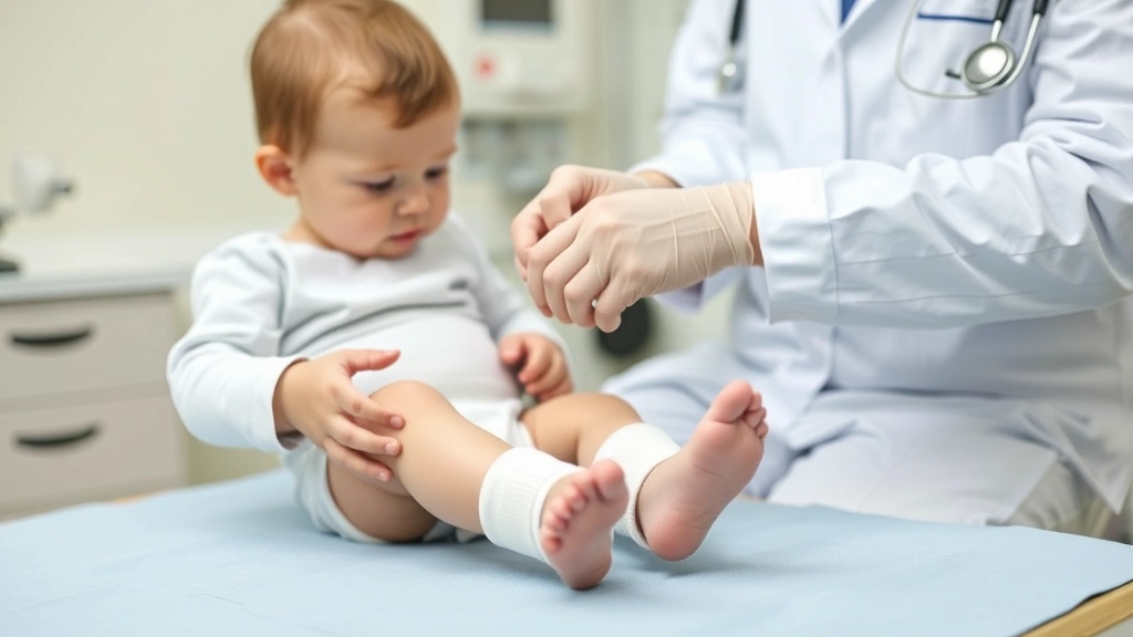 Pediatric orthopedic doctor carefully applying soft padding material to a baby's leg before casting, showing the gentle preparation process in a medical clinic