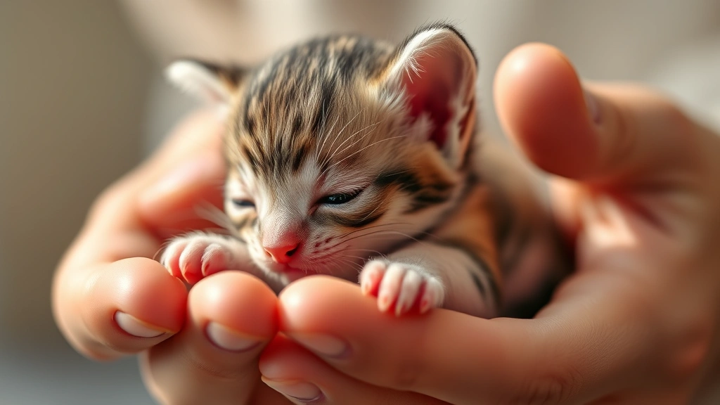Close-up of a tiny newborn kitten being gently held in human hands, showing small size and delicate features in warm natural lighting