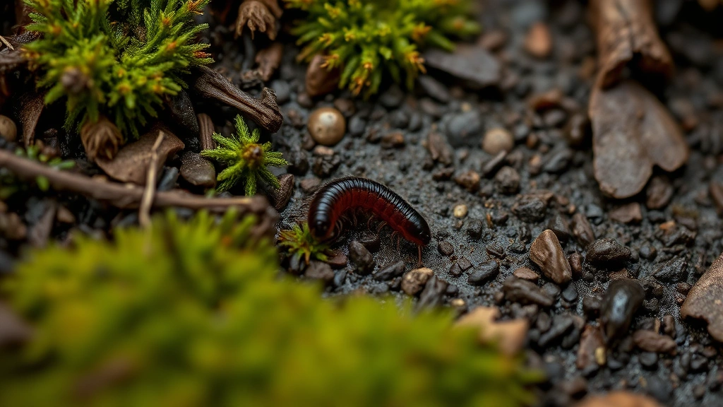 Tiny baby centipede on a moist soil surface surrounded by moss and leaf litter, macro photography style, natural lighting, photorealistic
