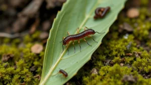 Macro photography of a tiny baby centipede on a leaf, showing detailed segmented body and thin legs, natural garden setting with soil and moss