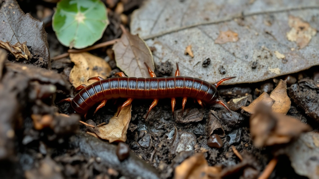 Close-up of a juvenile centipede in moist soil surrounded by decomposing leaves and organic matter, showing its natural habitat environment