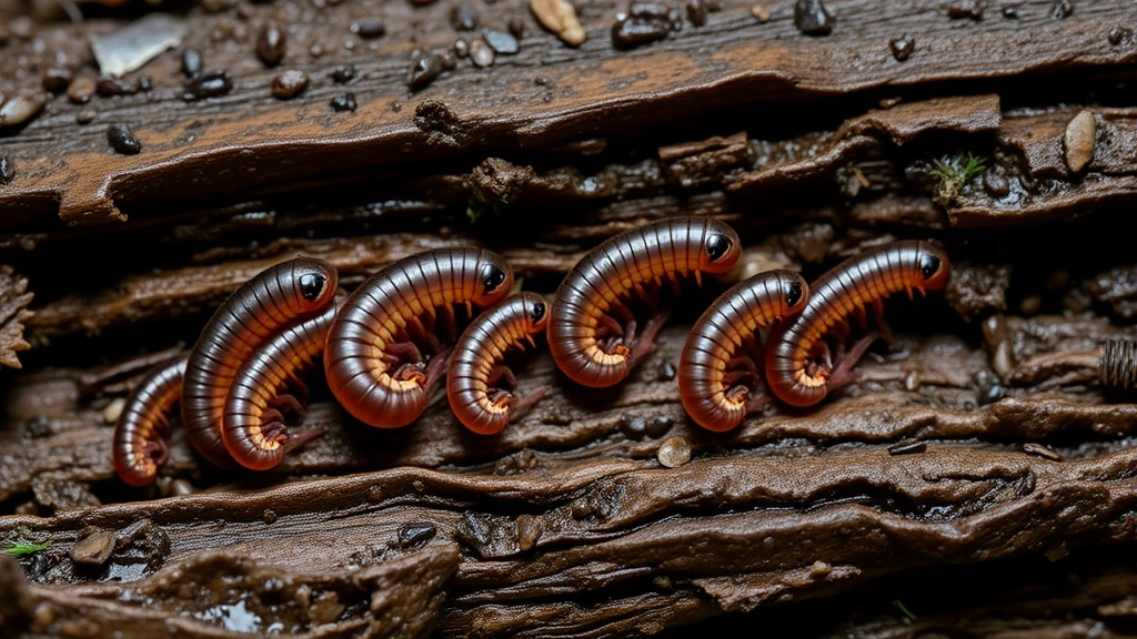 Multiple baby centipedes at different developmental stages on damp bark and wood, showcasing size variation and growth progression