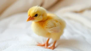 A fluffy yellow chick standing alone on soft white bedding, freshly hatched, with its downy feathers still wet and matted, looking curious and alert
