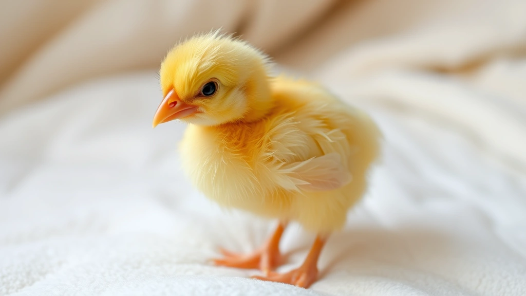 A fluffy yellow chick standing alone on soft white bedding, freshly hatched, with its downy feathers still wet and matted, looking curious and alert