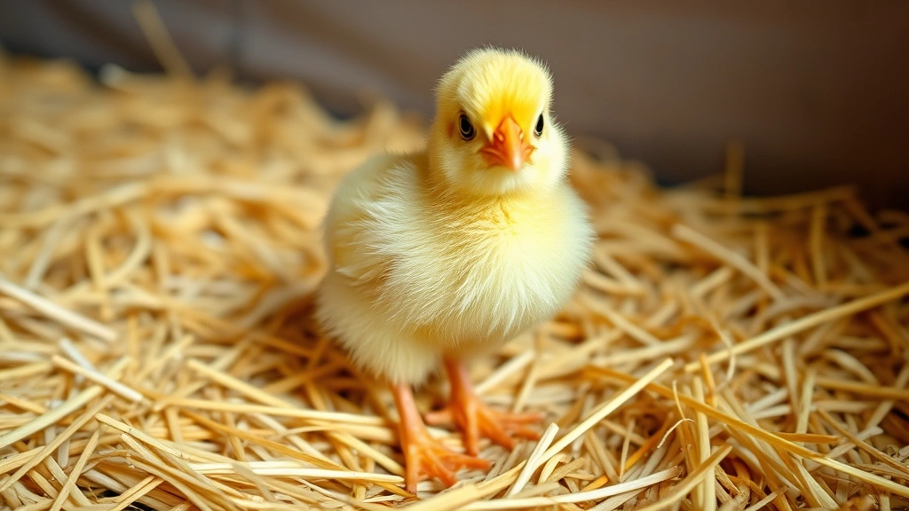 A fluffy yellow chick standing alone on soft straw bedding, looking directly at camera with curious expression, natural farm lighting