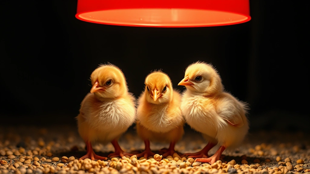 Three adorable baby chicks clustered together under a warm red heat lamp, pecking at feed on the ground, with natural lighting showing their soft plumage