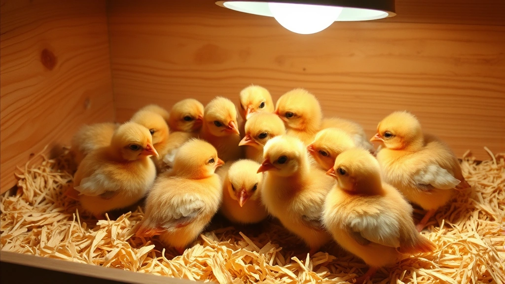Multiple golden and brown chicks huddled together under a warm heat lamp in a wooden brooder box with pine shavings, cozy farm setting