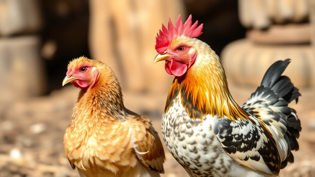 A young pullet and cockerel side by side showing physical differences, the male with developing wattle and comb, both standing in natural farm lighting