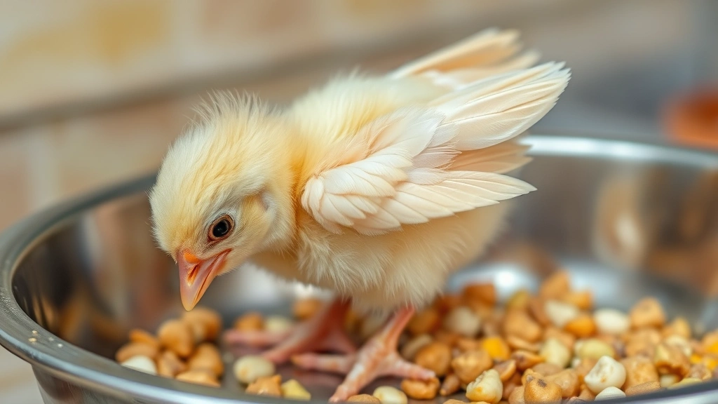 A week-old chick with emerging wing feathers pecking at feed in a metal dish, showing natural foraging behavior and growth development