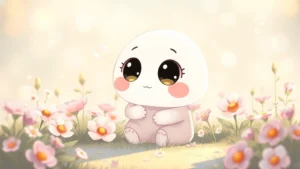 Soft pastel illustration of a tiny round character with oversized gentle eyes sitting peacefully among flowers and floating bubbles in warm daylight