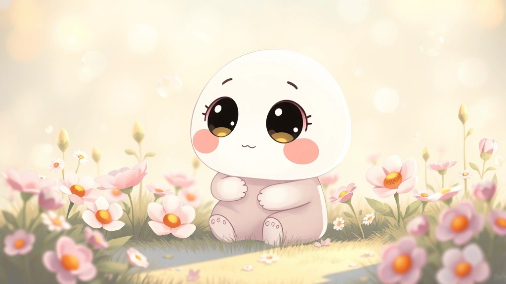 Soft pastel illustration of a tiny round character with oversized gentle eyes sitting peacefully among flowers and floating bubbles in warm daylight