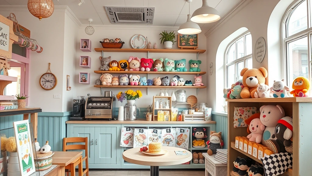 Cozy café interior with pastel décor featuring plush toys and character merchandise displayed on wooden shelves with natural window lighting
