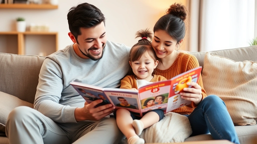 Parent and child sitting together on a comfortable couch, child holding a small plushie while looking at merchandise catalog, warm home setting