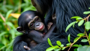 A young chimpanzee clinging to its mother's fur in a lush rainforest setting, showing tender maternal bonding and natural habitat