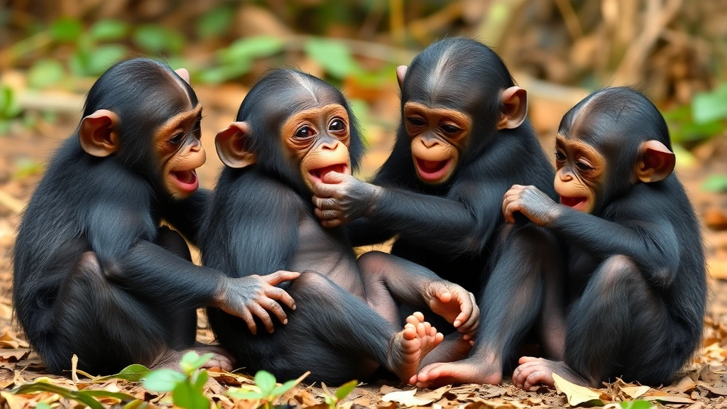 A group of baby chimpanzees playing together on the forest floor, engaging in playful wrestling and social interaction with joyful expressions