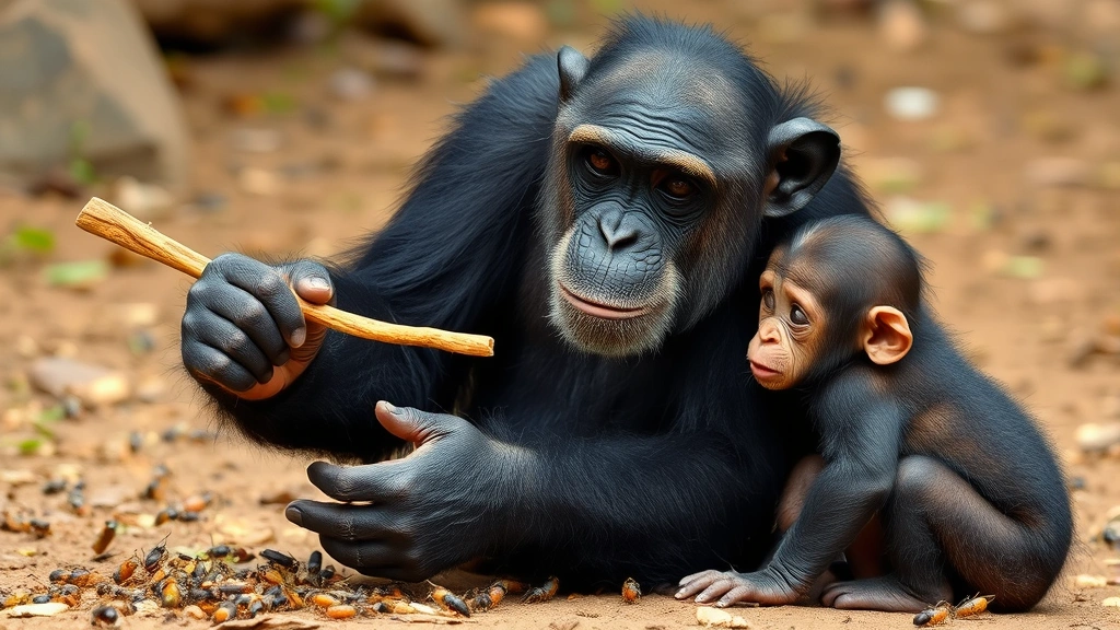 A mother chimpanzee demonstrating tool use with a stick near termites while her infant watches intently, showing active teaching and learning