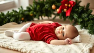 Close-up of an infant in a soft red velvet Christmas romper with white tights, lying on a cream-colored blanket near a decorated evergreen garland. Warm, natural lighting.