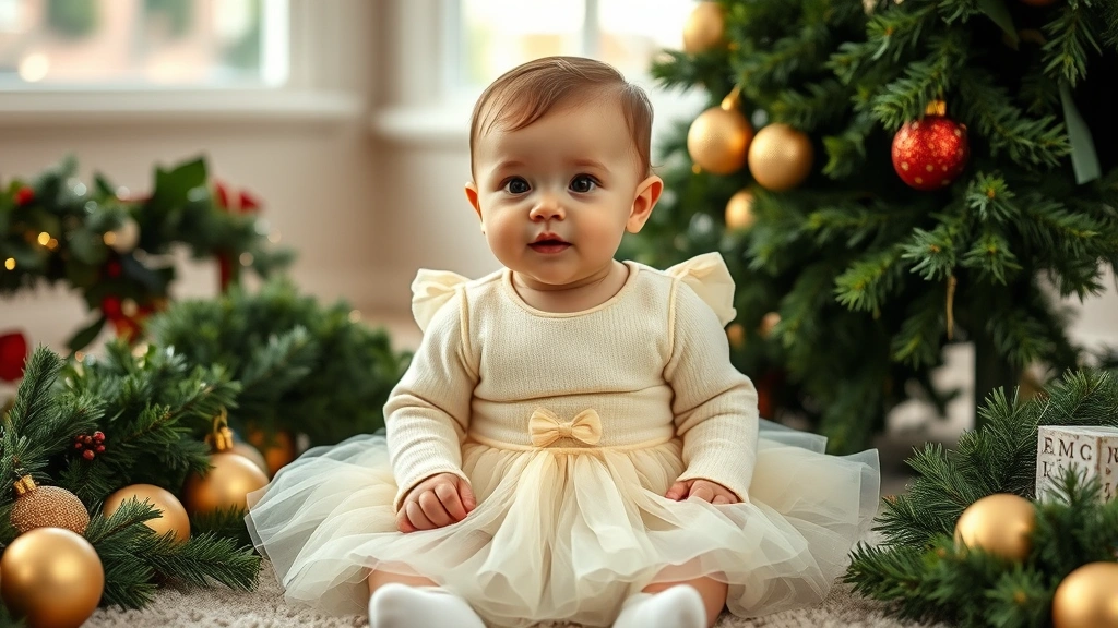 Baby wearing a cream-colored tulle skirt with matching long-sleeved top, sitting among holiday garland and gold ornaments. Warm, festive indoor setting with natural light.