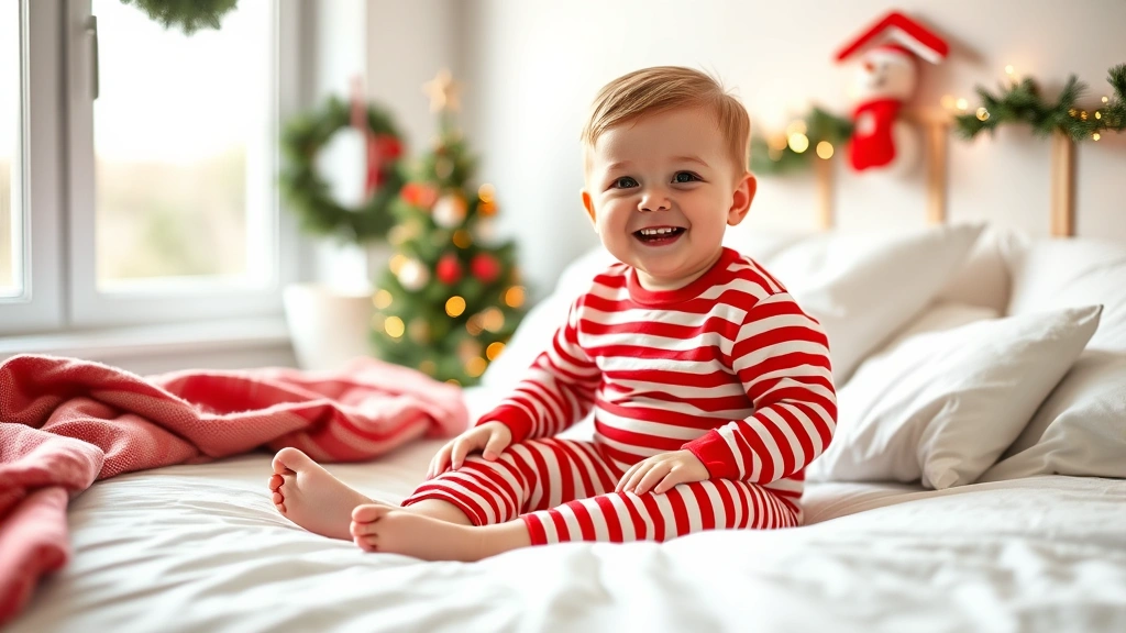 A happy baby wearing red and white striped Christmas pajamas, sitting on a cozy white bed with soft natural morning light coming through a window, peaceful and festive atmosphere
