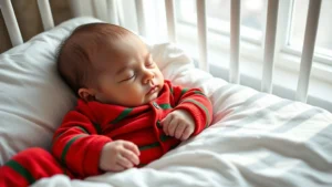 Newborn baby peacefully sleeping in red and green striped Christmas pajamas, soft morning light streaming through window, cozy white crib bedding