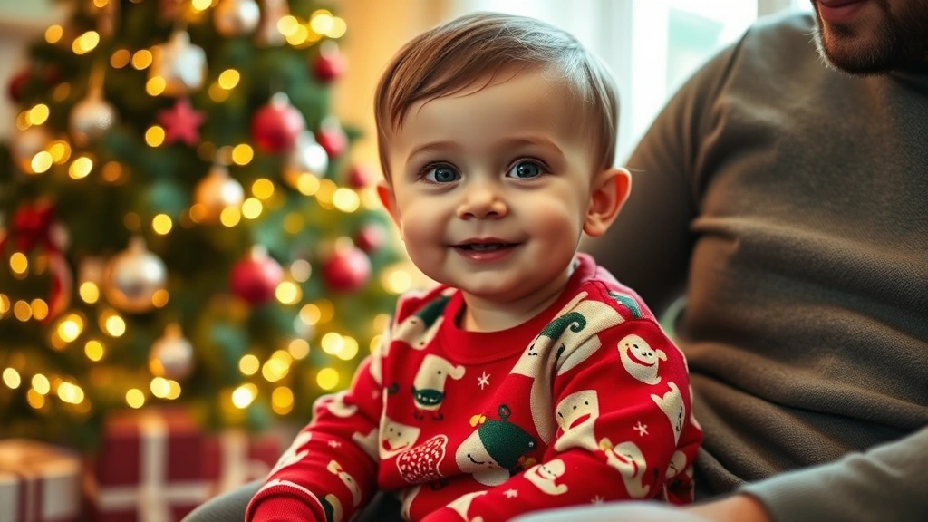 Toddler in festive holiday pajamas sitting on parent's lap by decorated Christmas tree, warm indoor lighting, genuine happy expression, close-up detail shot