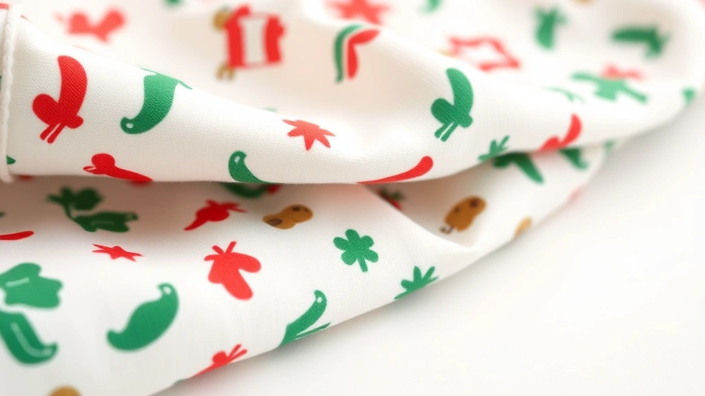 Close-up of soft, high-quality cotton baby Christmas pajamas fabric with festive green and red pattern, folded neatly showing texture and quality craftsmanship