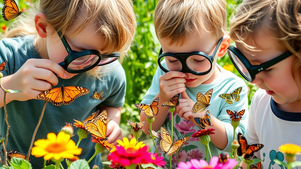 Children with magnifying glasses observing colorful butterflies and beetles in sunny garden, natural outdoor learning environment, no text no words no letters