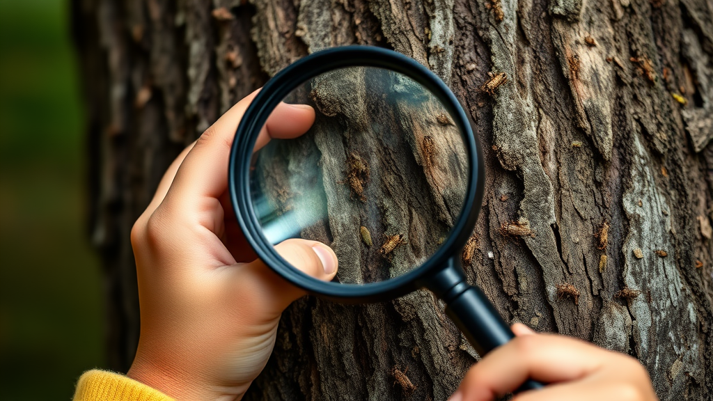 Close-up of child's hands holding magnifying glass over small insects on tree bark, detailed nature observation, no text no words no letters