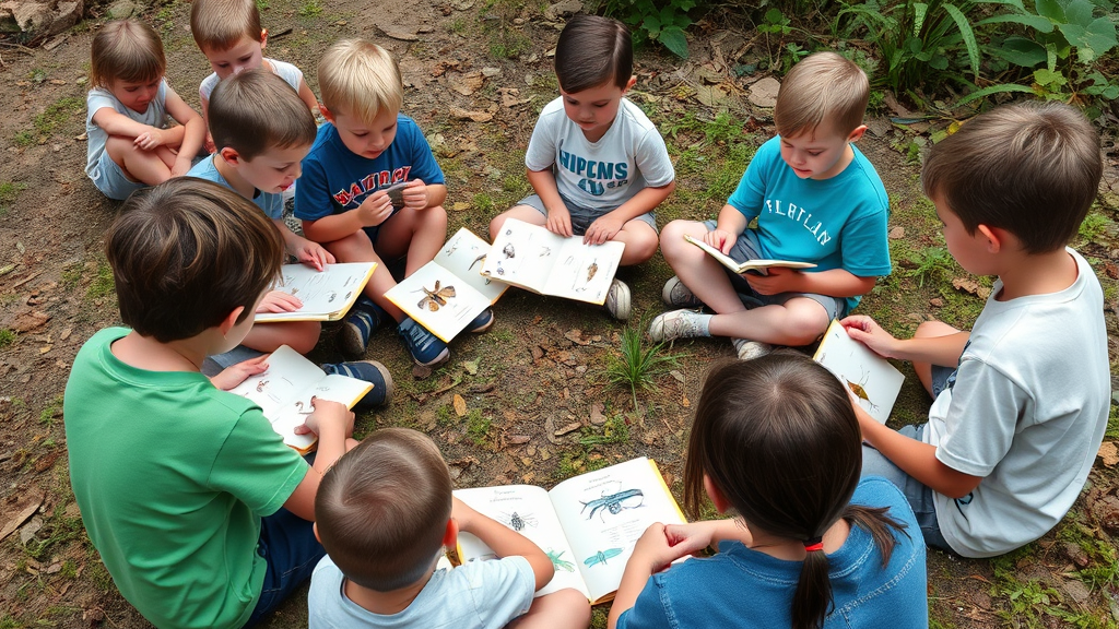 Kids sitting in circle outdoors with insect identification books and specimens, collaborative learning in nature setting, no text no words no letters