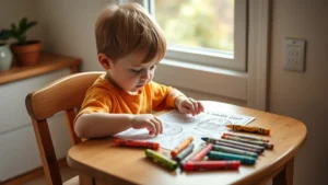 Toddler sitting at small table concentrating on coloring page with chunky crayons, natural window light, cozy home setting, genuine focus and engagement