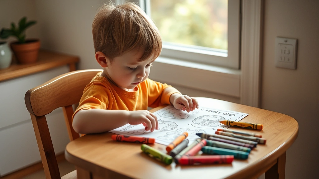 Toddler sitting at small table concentrating on coloring page with chunky crayons, natural window light, cozy home setting, genuine focus and engagement