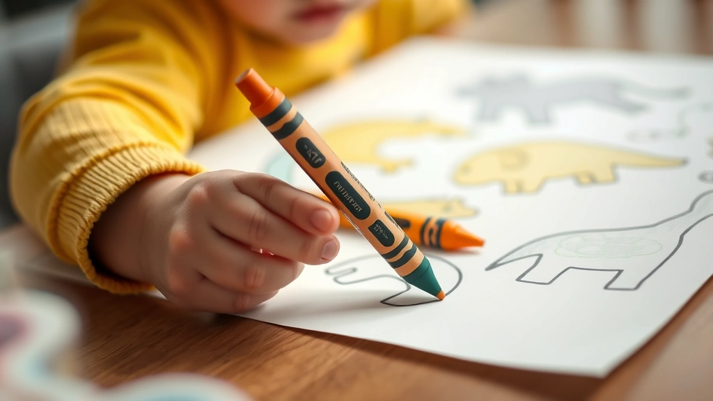 Young child's hands gripping oversized crayon while coloring animal shapes on paper, soft indoor lighting, close-up perspective showing fine motor control