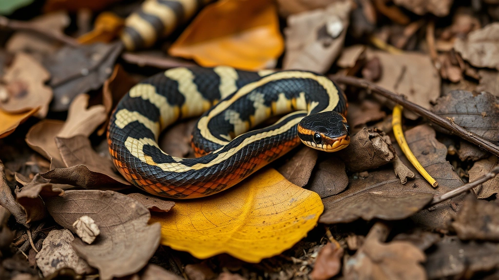 Close-up of a baby copperhead snake coiled on leaf litter, showing distinctive hourglass-shaped bands and bright yellow tail tip, natural forest floor setting with autumn leaves