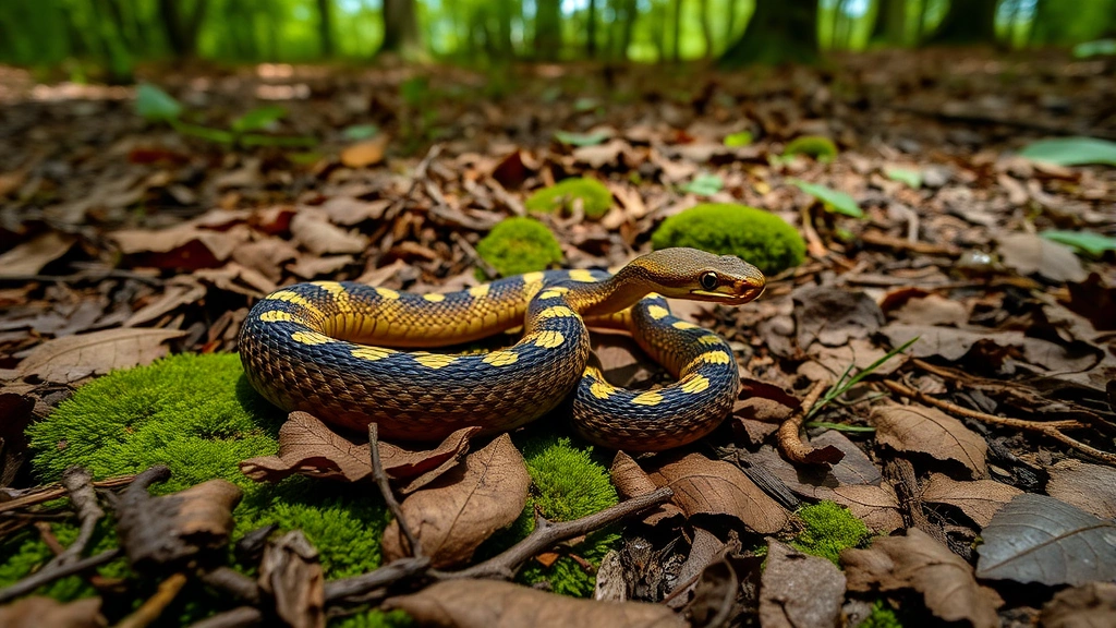 Young copperhead snake coiled on forest floor with leaf litter and moss, showing distinctive hourglass markings and bright yellow-green tail tip, natural sunlight filtering through trees