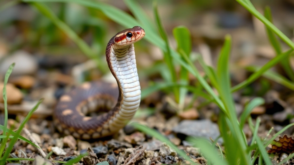 Baby copperhead snake in striking defensive posture with flattened body and raised head, photographed against blurred natural background of grass and vegetation