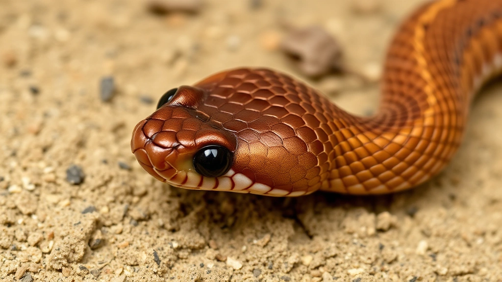 Close-up detail of baby copperhead's triangular head shape and patterned scales against sandy soil background, showing the characteristic copper-toned coloring and texture