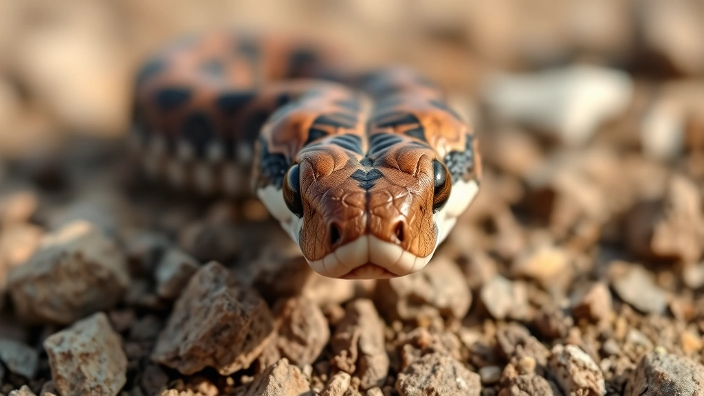 Detailed view of baby copperhead head showing triangular shape and vertical pupils, positioned on rocky soil with natural outdoor lighting and soft background