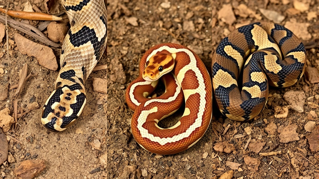 Comparison scene showing three different snake species side by side on natural ground: baby copperhead with hourglass pattern, milk snake with banded pattern, and corn snake with rectangular blotches