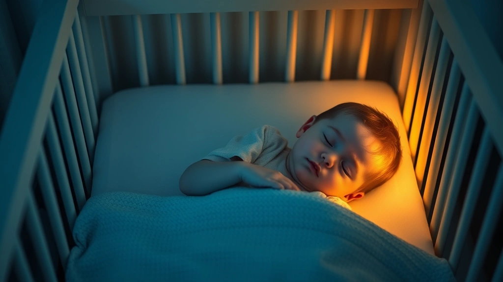 Peaceful sleeping baby in crib with soft nightlight glow, gentle and serene bedroom atmosphere, photorealistic