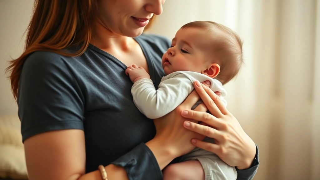 Parent holding infant upright against chest for comfort, warm intimate moment showing nurturing care, photorealistic
