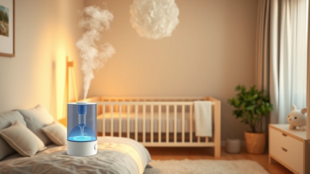 Modern cool mist humidifier running in cozy nursery with soft lighting, warm family setting, photorealistic