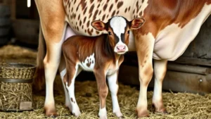Newborn calf standing in a barn next to its mother cow, soft golden hay visible, natural lighting, peaceful farm setting