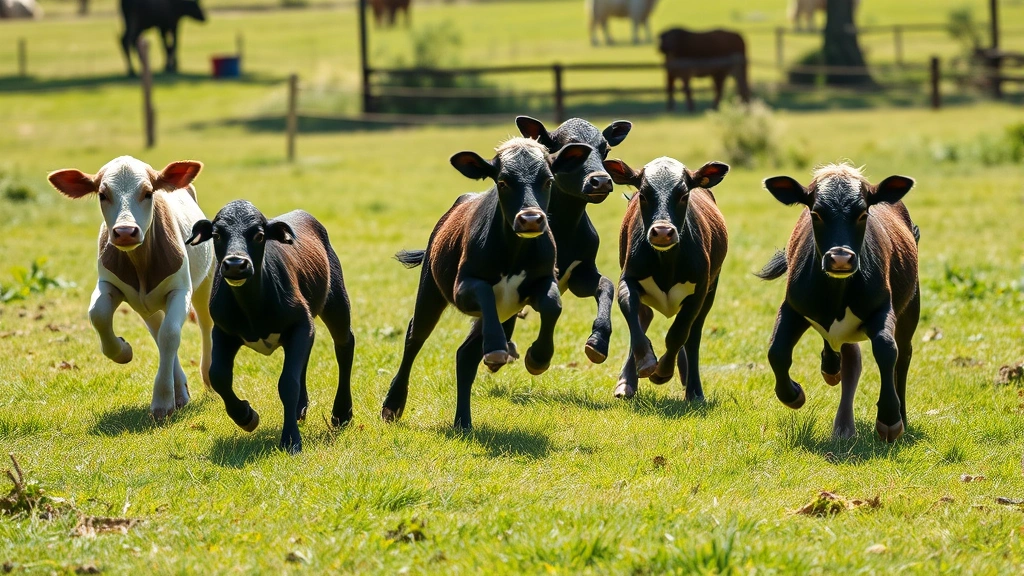 Group of playful young calves running and jumping in a green pasture, sunny day, lush grass, energetic movement captured