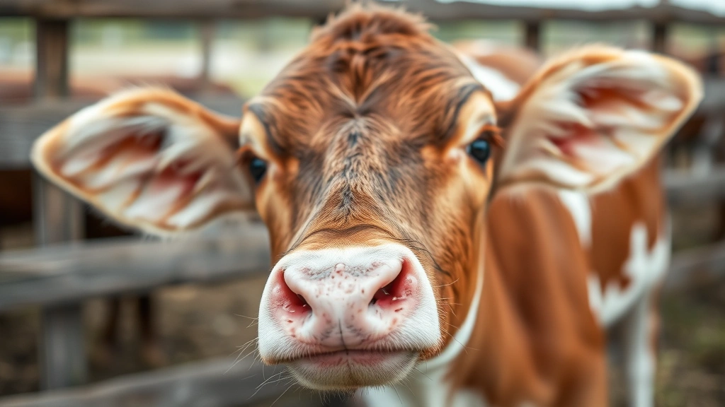 Close-up of a young calf's face showing curious expression, soft brown and white coloring, gentle eyes, farm fence in blurred background
